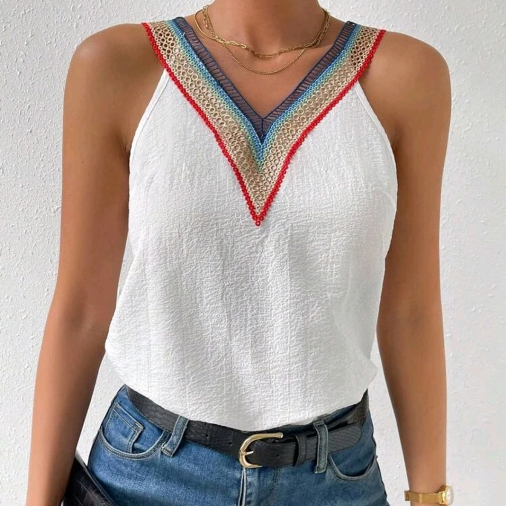 Elegant Sheer Lace V Neck Sleeveless Work Office Top Blouse Shirt White